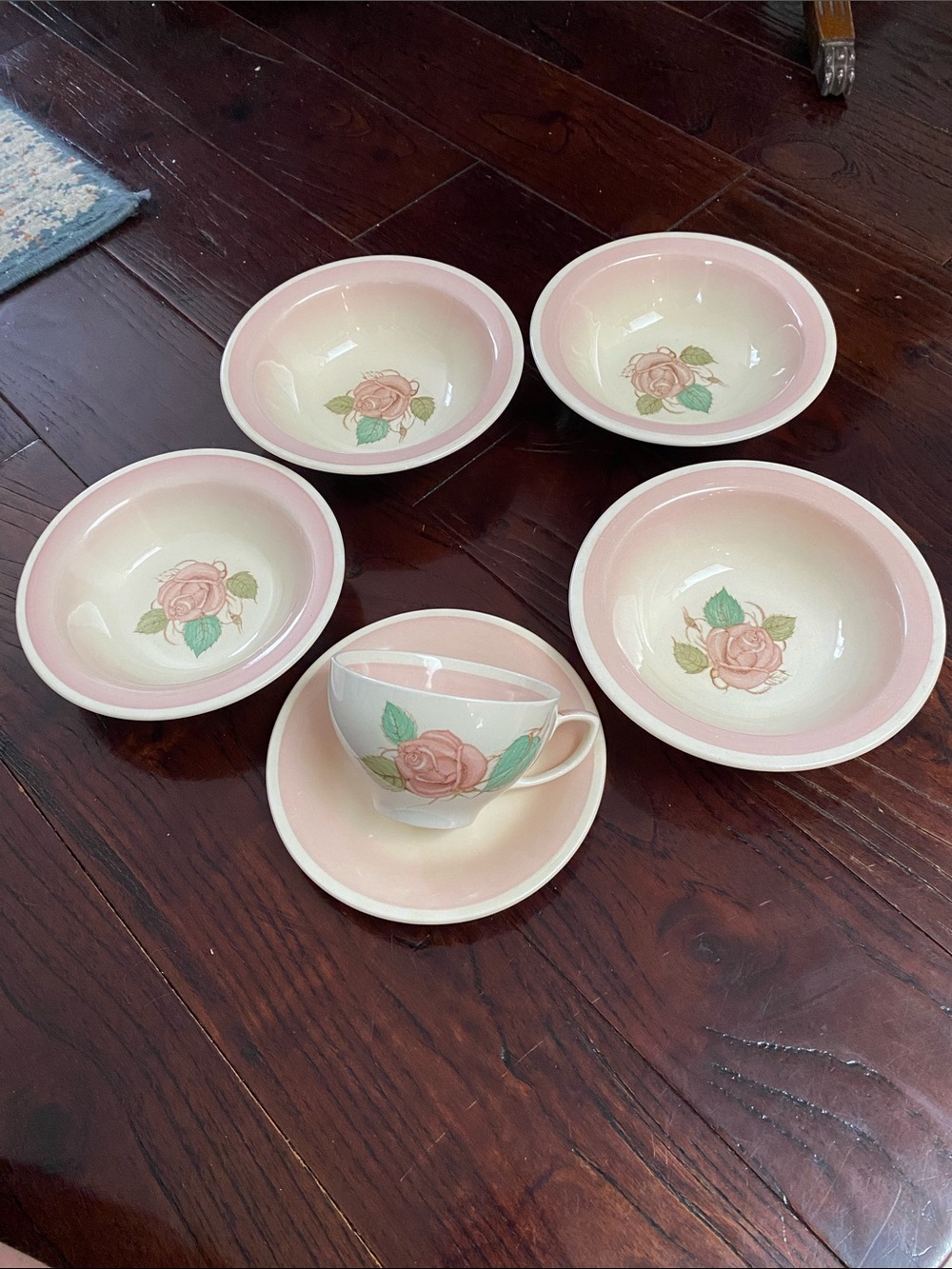 Vintage 1940’s Susie Cooper Patricia Rose Cup Saucer and 4 Bowls- Perfect!